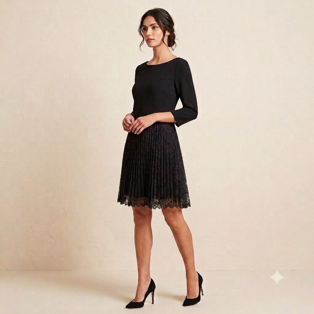 Talbots Black Dress 8 Pleated Lace Skirt 3/4 Sleeve Cocktail Evening A-Line